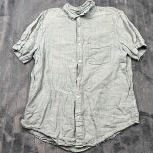 Thom Aaron Mens Large 100% Linen Short Sleeve Button Down Shirt Light Blue Grey
